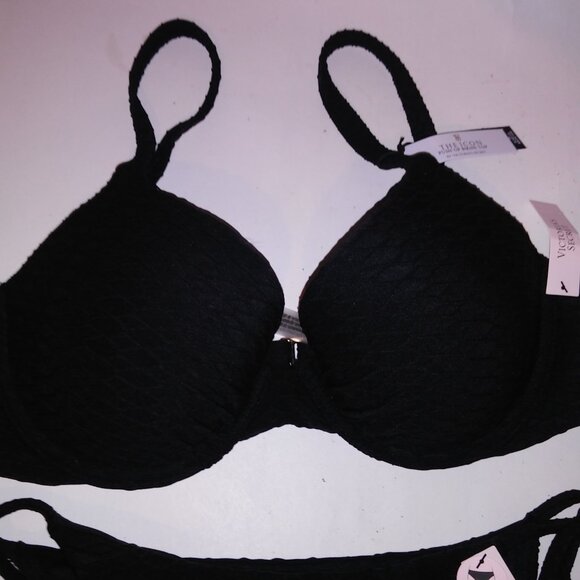 Victoria Secret Swim Bikini Top & Bottom Cheeky Black Push Up Textured String Ti - Picture 15 of 16